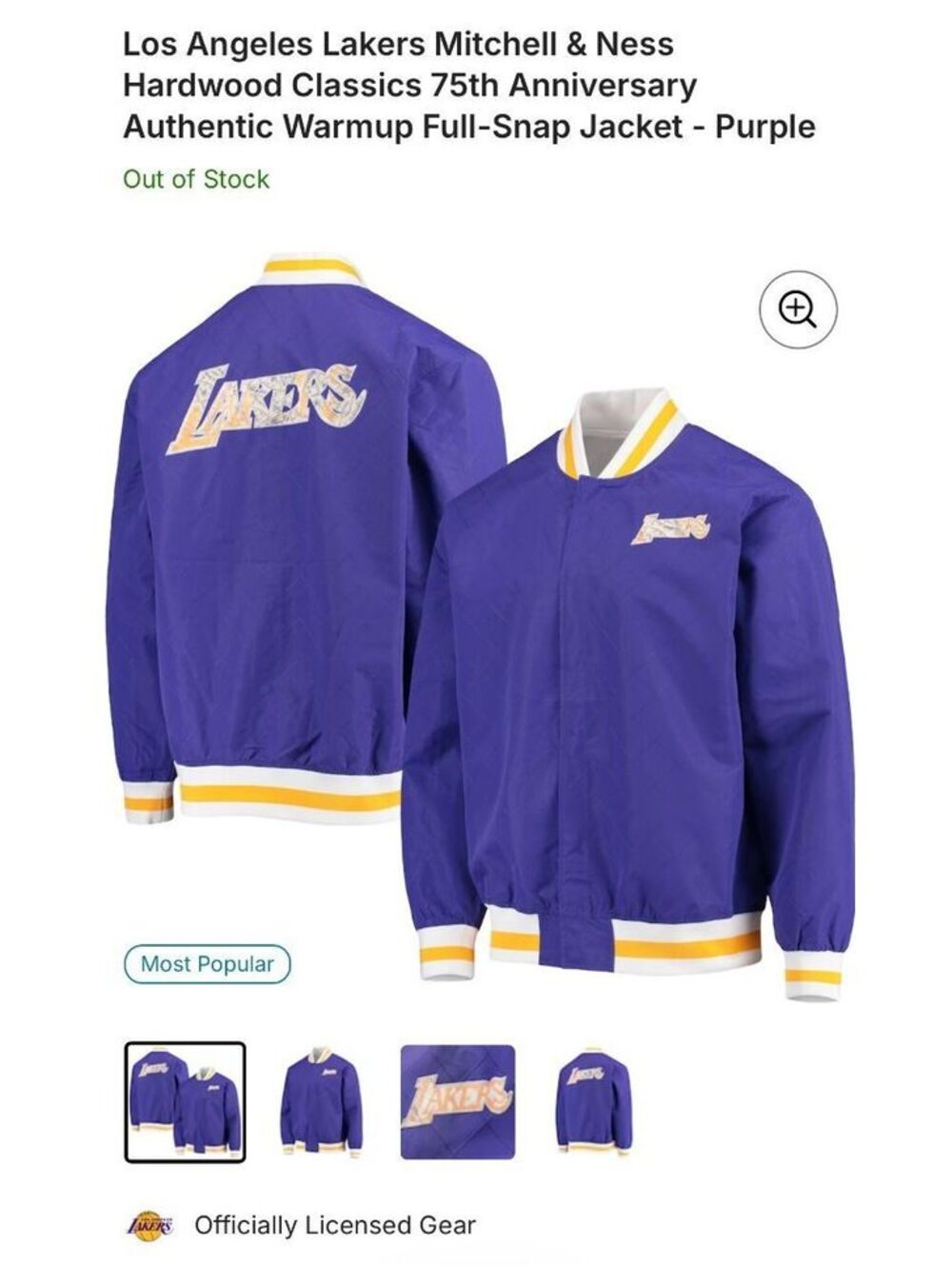 Los Angeles Lakers Hardwood Classics 75th Anniversary Authentic Warmup Full-Snap